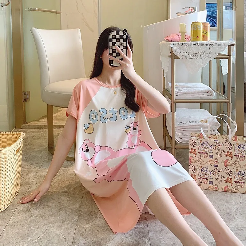 سانريو تنورة طويلة صيفية بأكمام قصيرة، فستان نوم على شكل دب الفراولة، ملابس مريحة غير رسمية، ملابس تنحيف على شكل دب الفراولة #2