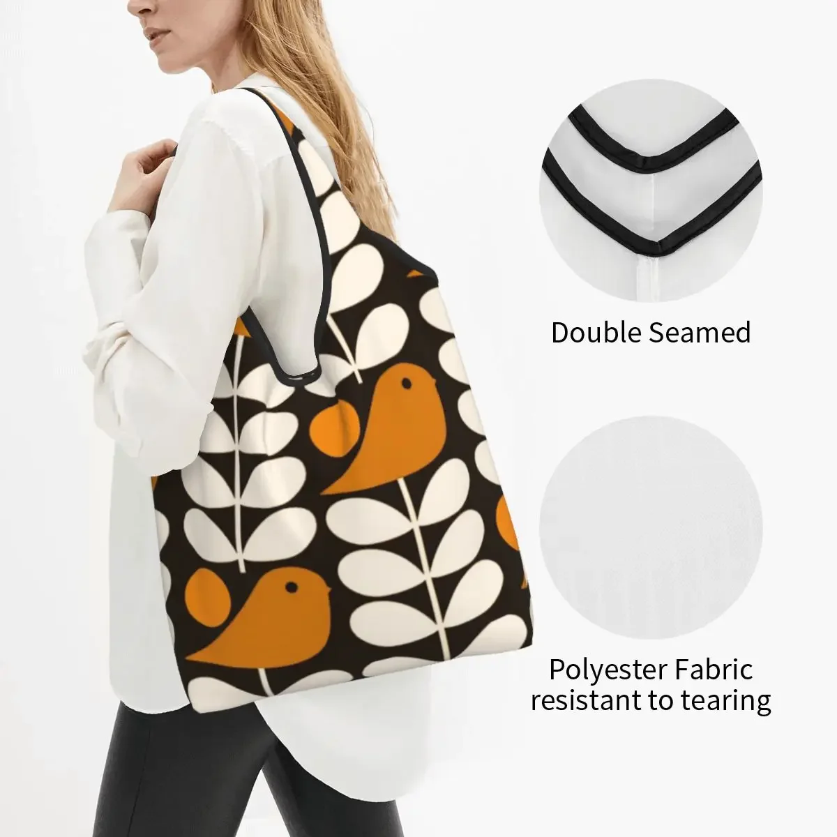 Custom Multistem Birds Black White Orange Shopping Bags Portable Large Capacity Groceries Orla Kiely Scandi Tote Shopper Bags