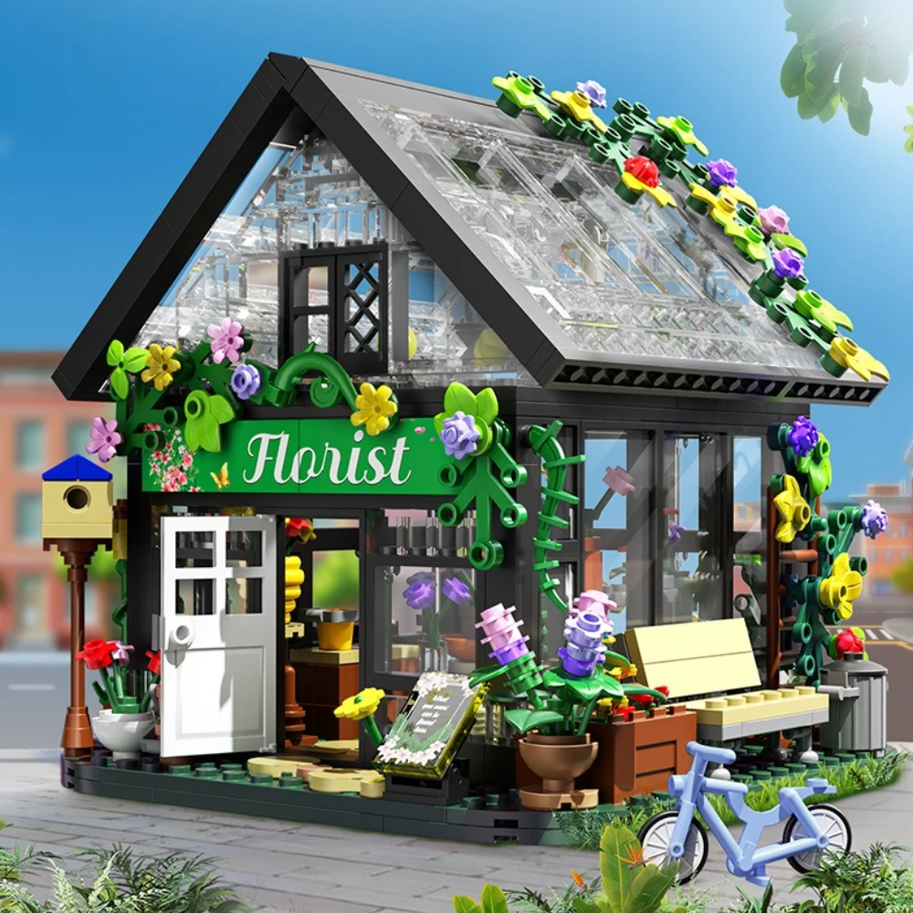 MOC Flower Store House Building Blocks Set Street View Plant Garden Hut Architecture Idea Toys Children Birthday Holiday Gifts