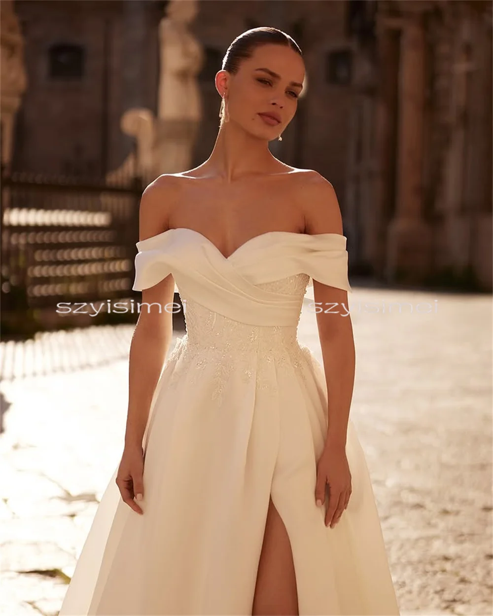 Customized Wedding Dresses Off Shoulder Lace Appliques White Wedding Gowns Split Sweep Train Party Bride Dresses robe de mariée