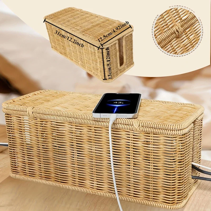 

Hand-Knitted Wooden Desk Organizer - Cable Management Hider Box, Breathable Design for Office Equipment Storage caja madera