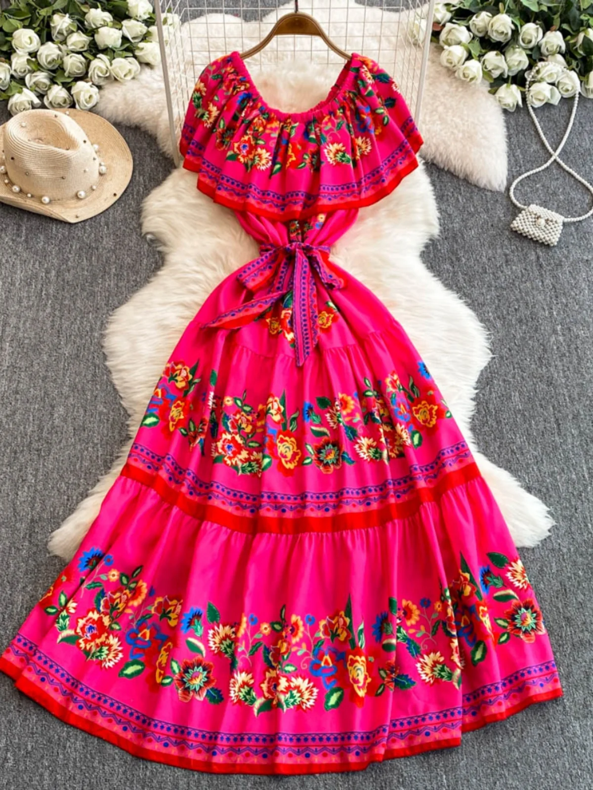 Vestido Largo de Verano con Estampado Floral, Un Hombro Descubierto, Cinturón, Estilo Coreano, Cintura Alta, Estilo de Cuento...
