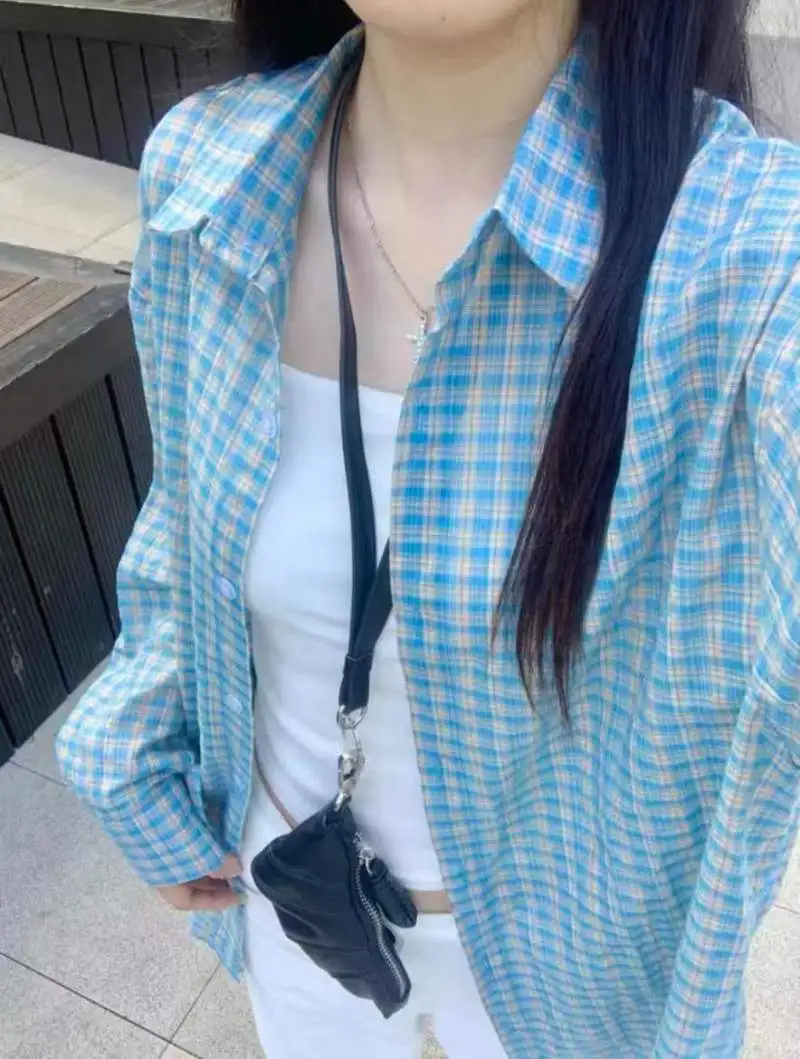 

Свободная корейская Sle Long Sve синяя клетчатая солнцезащитная одежда irt, женская повседневная верхняя одежда ранней осени Lazy Sle Faionable