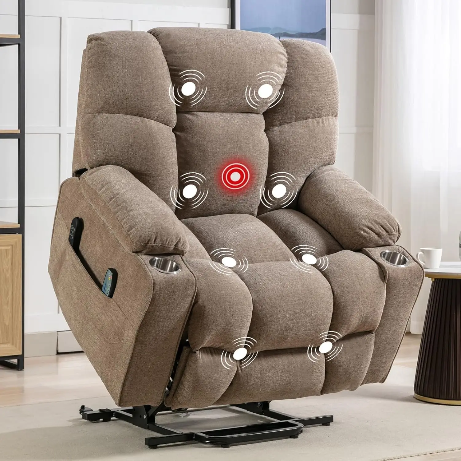 

Large Power Lift Recliner Massage&Heat Lay Flat USB Port Side Pocket Cup Holders Camel Brown, Customized