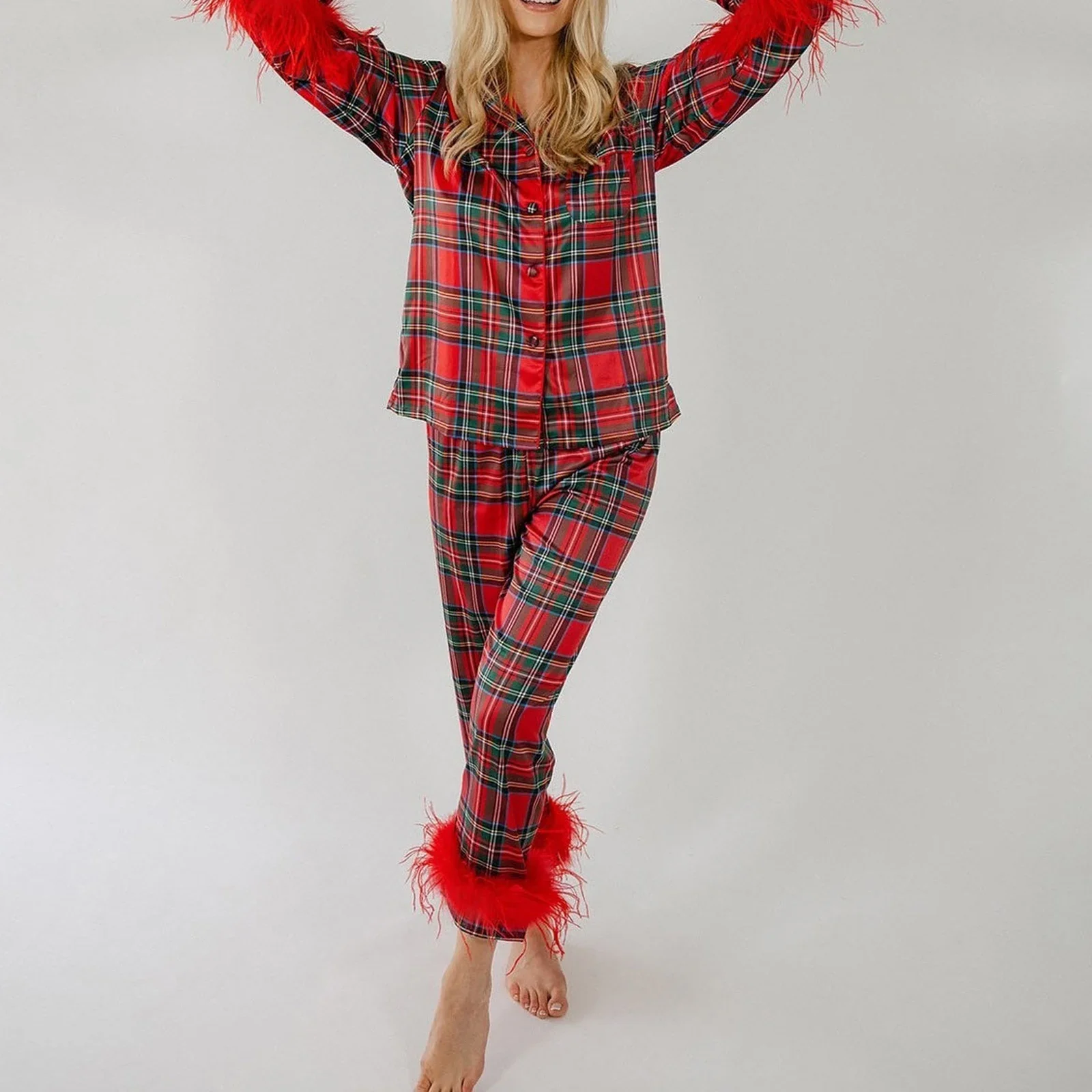 Womens Christmas Pajamas Sets Long Sleeve Button Down Fur Trim Shirt Matching Pants 2 Piece Lounge Set Sleepwear