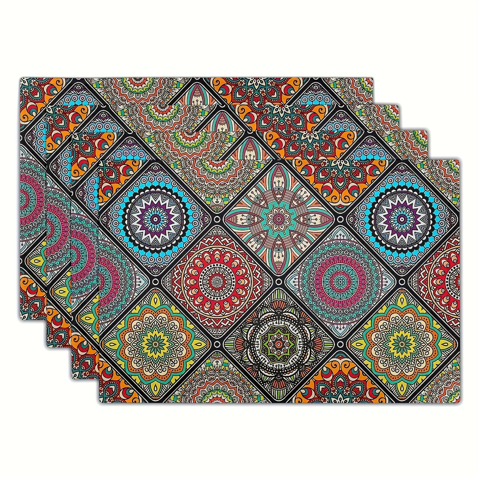 

4/6/8Pc Bohemian Mandala Rhombus Ethnic Pattern Linen Placemats Anti Slip Table Mats For Dining Kitchen Table Home Decor