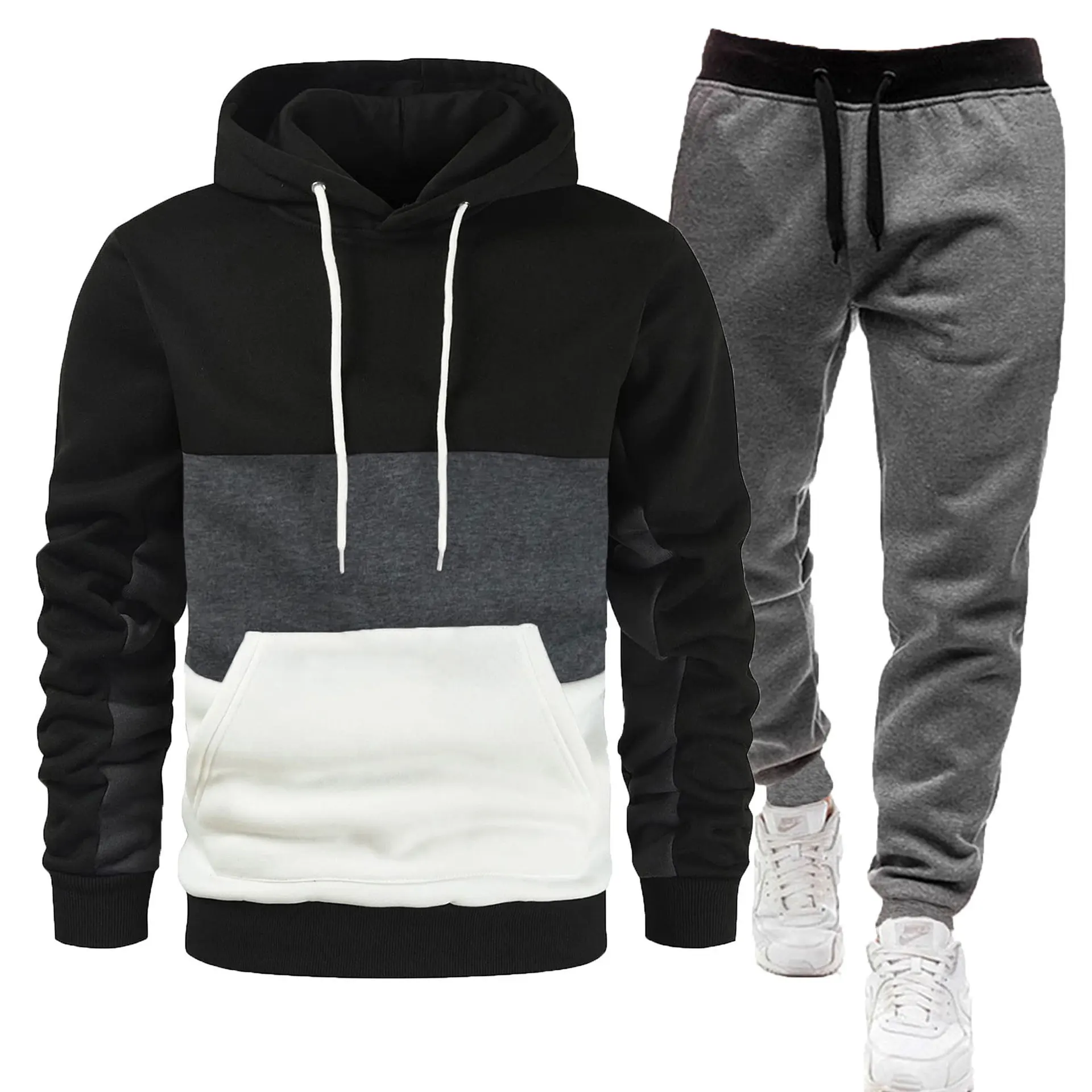 

2025 New Cross border Men's Color blocked Casual Sports Hoodie Set with Velvet Winter Long Sleeve Pants