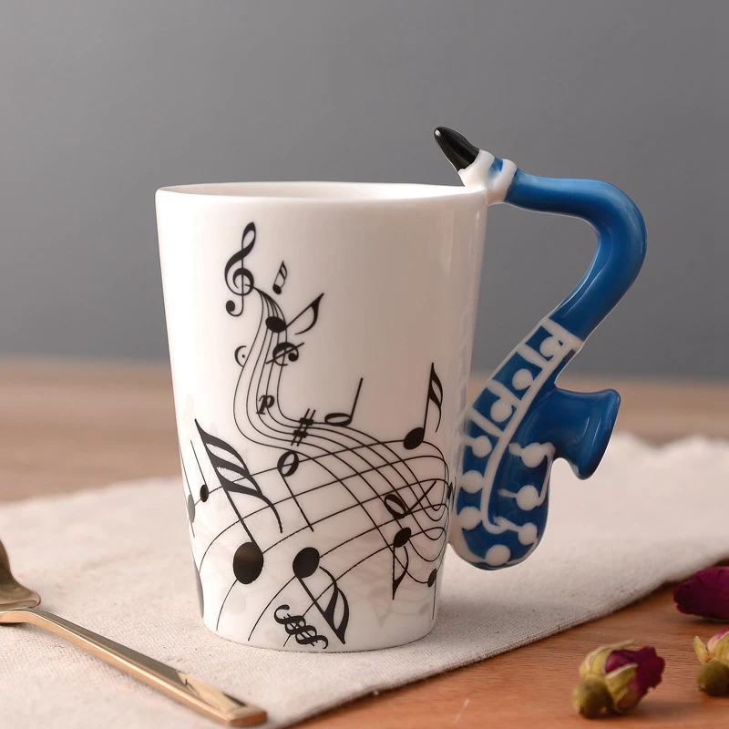 240Ml Ceramic Mug Music Ceramic Mug Cute Coffee Tea Milk Stave Mugs And Cups With Handle Novelty Gifts Blue Saxophone