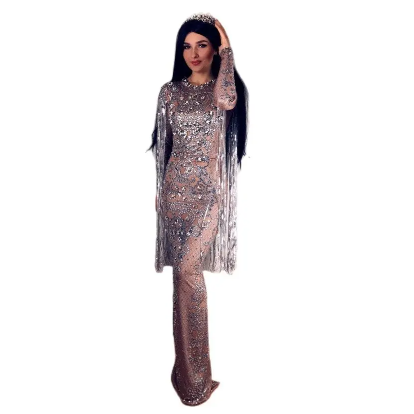 

Elegant Rhinestone Crystals Long Tassel Birthday Prom Evening Dress Singer Stage Costume Floor Length Women Wedding Party Dress