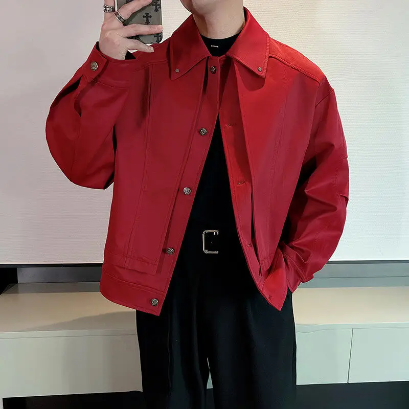 

Spring Faion Loose Fit Patchwork Jaet Men's Clothing Anca Red Trendy Top Youth Culture oulder Sve Length