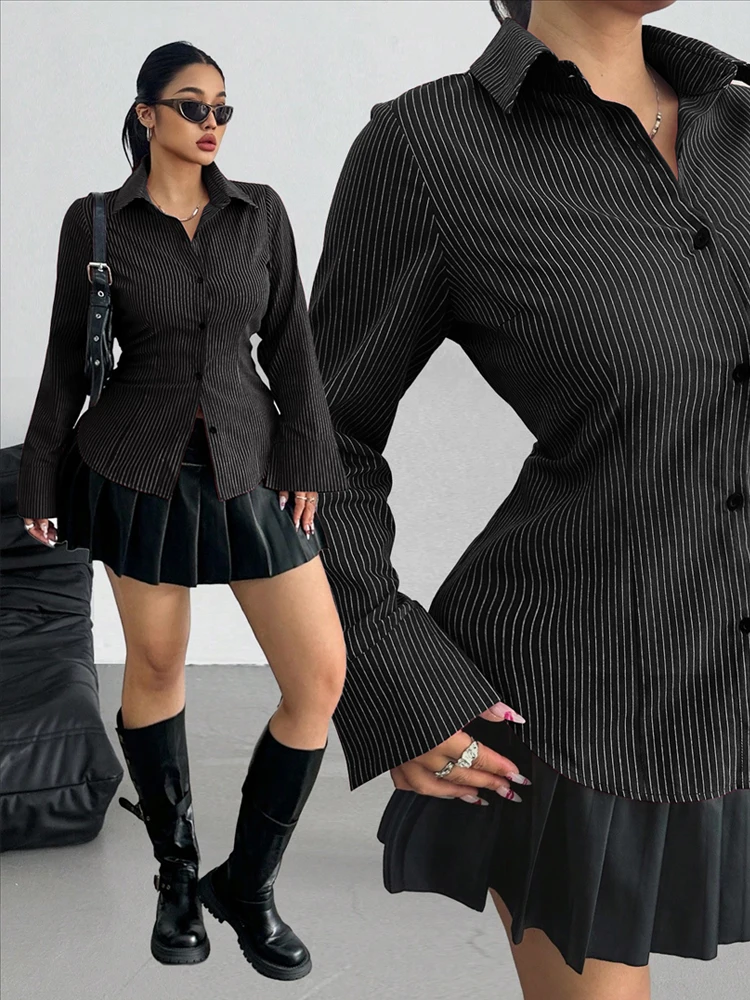 Nieuwe Plus Size Revers Print Gestreept Shirt Met Lange Mouwen Knop Slim-Fit Top Blouse Veelzijdige Elegante Kantoormode Vrouwelijke kleding