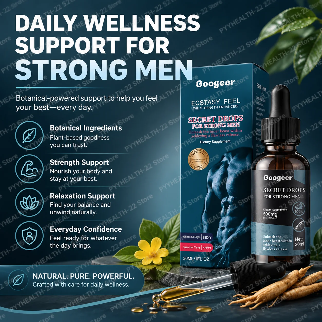 Supports Intimate Confidence, Physical Strength and Mood Relaxation, Secret Drops for Men with Damiana Leaf, Epimedium, 30ml