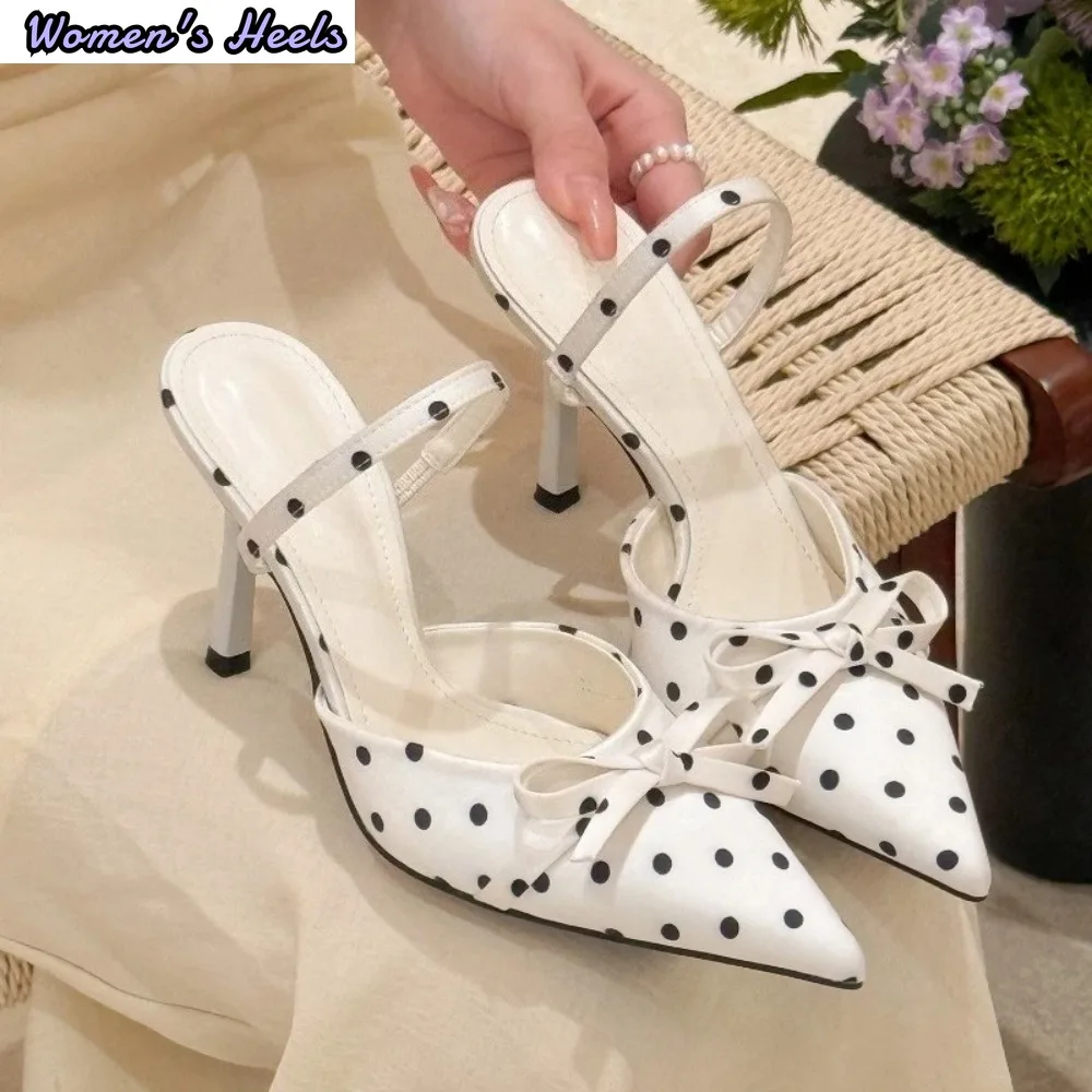 Pointed Toe High Heels Women Dot Sandals Summer Singbacks Mules Shoes Elegant Satin Butterfly-knot Stripper Party Sandalias