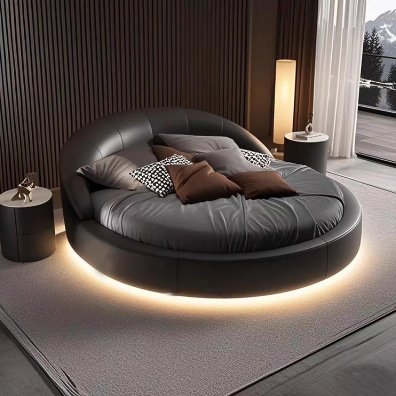 180 200 220 cm Luxury leather round Double bed 2 people full size bed frame bedroom beds queen beds frames LED lights furniture