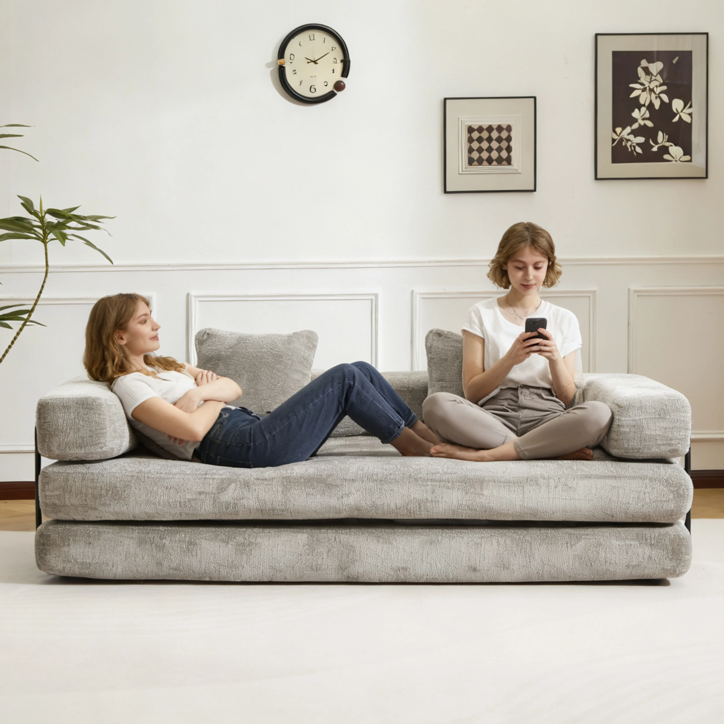 Sofá-cama compressível de chenille cinza claro, 3 em 1, sem necessidade de montagem, sofá de chão dobrável, sofá de loveseat macio para sala de estar