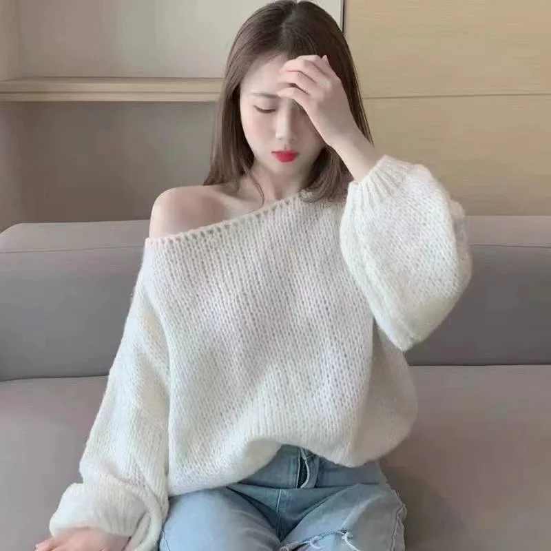 الكورية الأزياء قبالة الكتف سترة البلوز للنساء أنيقة المائل طوق محبوك لاعبا البرية فانوس كم البلوزات فضفاضة #6