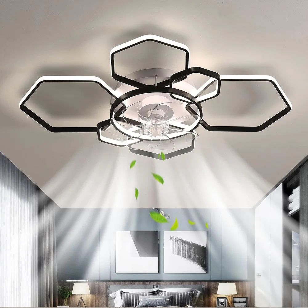 KOMORE Geometrical Ceiling Mount LED Fan Light with Remote Control 6 Speeds 60W Reversible Motor for Office, Living Room