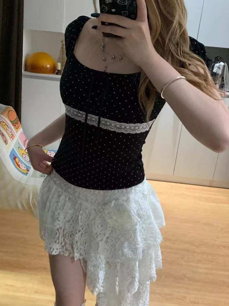 Chic Lace Patchwork Polka Dot Tops Korean Short Sleeves T-shirt Summer Casual Daily Wear Streetwear Slim Short Top 2026 Clothing