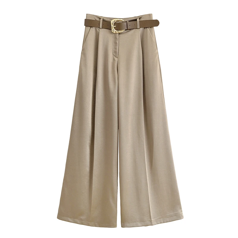 

YENKYE Women New Fashion Office Wear With Belt Satin Wide Leg Pants Vintage High Waist Pleated Casual Loose Trousers pantalones