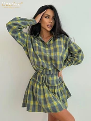 Clacive Fashion Loose Plaid 2-teilige Sets Damen Outfit 2024 elegantes Langarmhemd mit Rüschen-Miniröcken mit hoher Taille