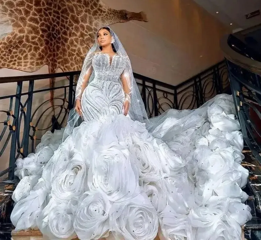 High End Mermaid Wedding Dress 2026 Sheer Neck 3D Flowers Train Beads Satin Church Bridal Gowns Bride Dresses Vestidos De Noiva