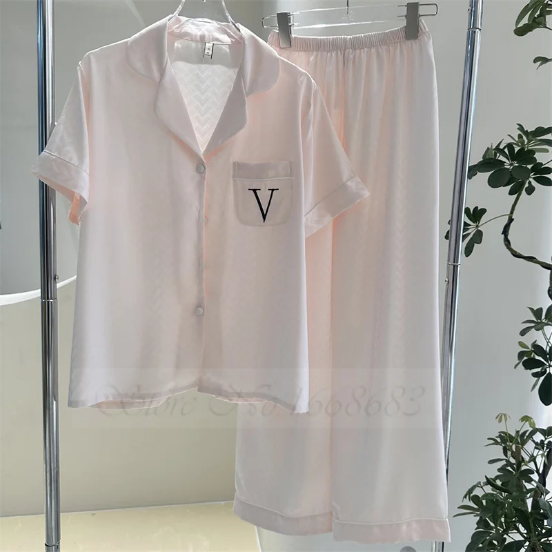 

Pajamas Trouser Suits Wedding Gift Female Short Sleeve Sleepwear Summer Satin Nightwear Pyjama Pour Femme Loose Casual Home Wear