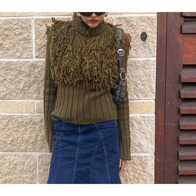 2025 New Autumn and Winter Sweater Knitwear Pullover with Tassels, Semi-High Collar, Long Sleeves
