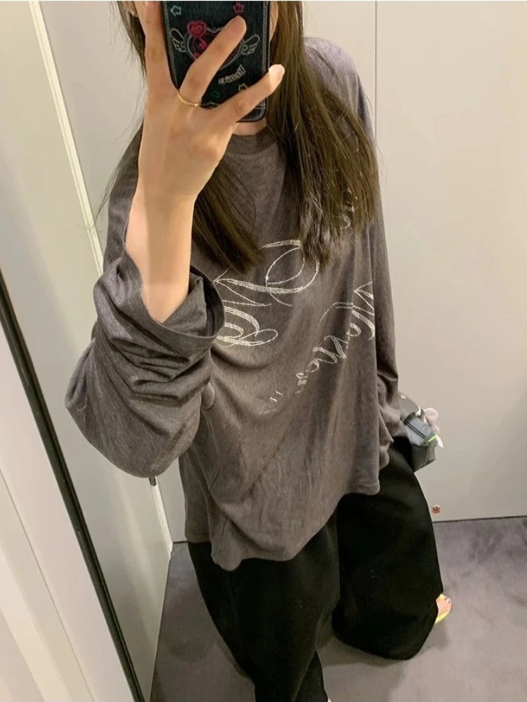 HOUZHOU Oversized Gray T-shirts Women Korean Style Long Sleeve Tees Letter Rhinestone Thin Tops Casual Vintage Harajuku Fashion