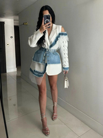 Lace Denim Patchwork Long Suit Jacket Women Elegant Shoulder Pad Full Sleeves Single Breasted Hollow Out Jackets New Outerwear