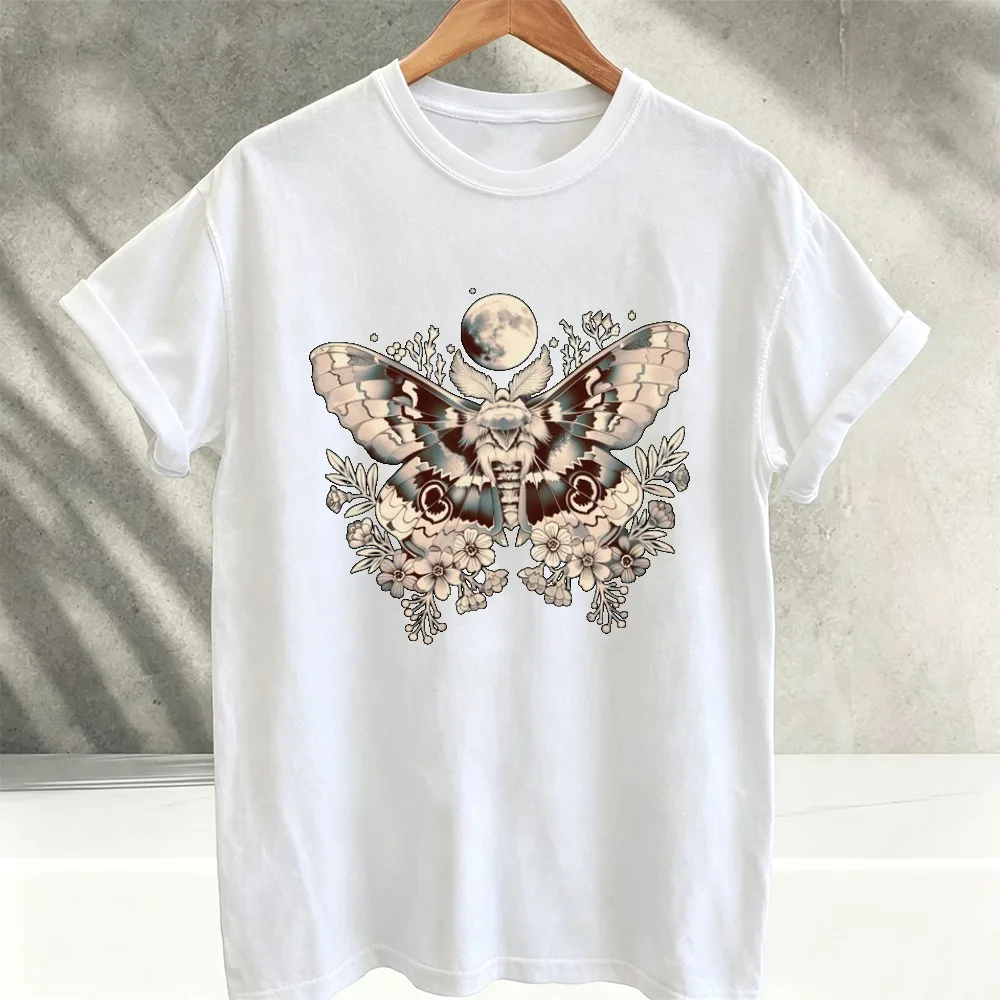 Full Moon Floral Moth Graphic Printed Cotton T-Shirt Witchy Celestial Botanical Cottagecore Short Sleeve Women Vintage Clothes