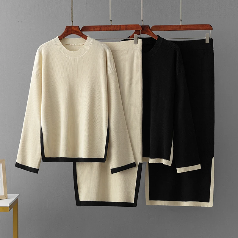 

HLBCBG Autumn Warm Knitted Suits Loose Pullovers+Elastic Long Skirt Casual Home Wear Sweater Two Pieces Skirts Sets