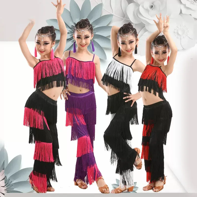 Girls Latin dance clothing  spring and summer children's practice skill high-grade competition professional tassel dance skirt