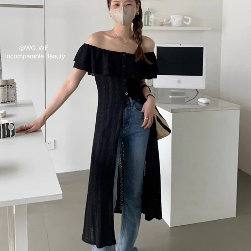 Y2K SlashคอMidiชุดผู้หญิงแฟชั่นเซ็กซี่Rufflesลูกไม้Sheerชุดสีดําฤดูร้อนเกาหลีความงามออกแบบสบายๆVestidosใหม่