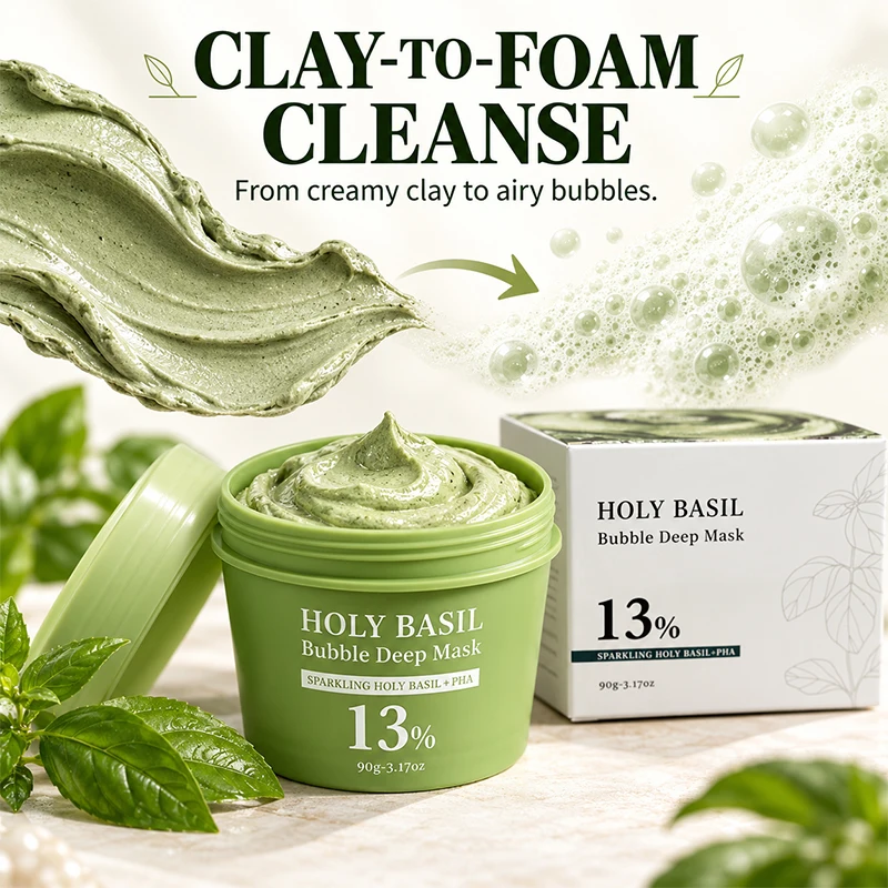 Clay to Foam Bubble Mask with PHA Holy Basil Extract and Glycerin Rinse Off Facial Cleanser for Soft Smooth Skin Home Spa