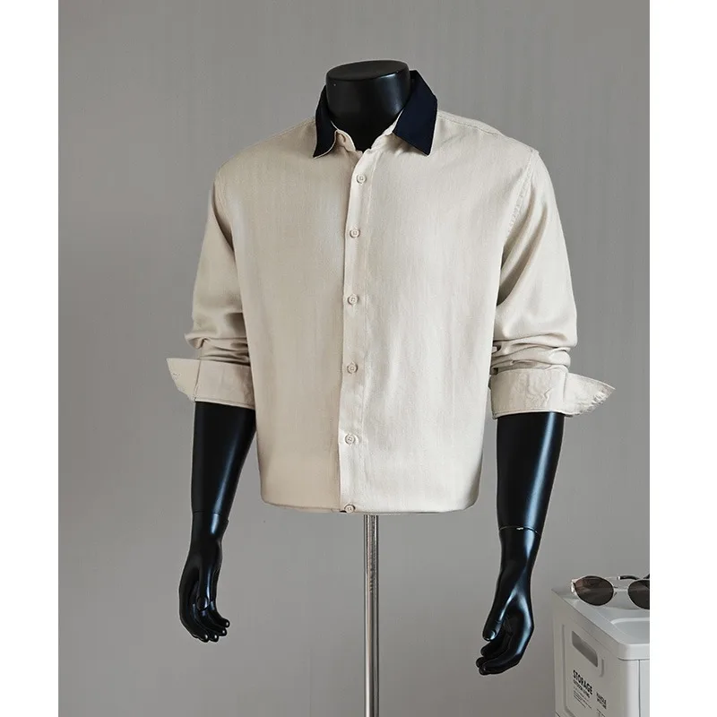 High Quality Contrasting Lapel Collar Long Sleeved Shirt for Men Loose Casual Business Dress Shirts Office Work Social Shirt