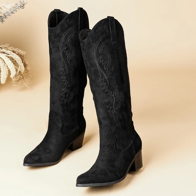 Botas vaqueras occidentales de tacón cuadrado de media pantorrilla con bordado de gamuza y punta puntiaguda para mujer, calzado retro campestre, regalo con envío directo