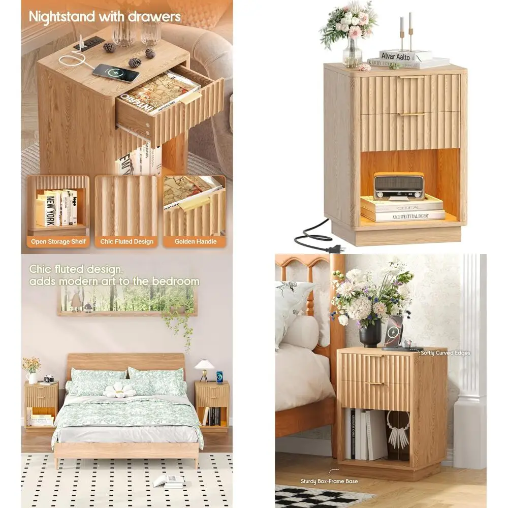 

LED-lit Oak Nightstand with Charging Port, 15.7 Wide, 2 Drawers, Curved Design for Bedroom