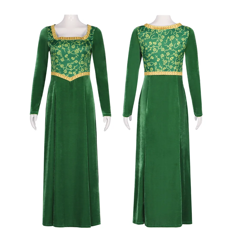 Princess Fiona Cosplay Costume Dress Outfit Women Cartoon Green Square Collar Long Dress For Ladies Halloween Role Play