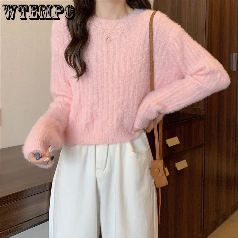 Y2K Cropped Sweater Pink Furry Solid Korean Fashion Pullover Knitted Sweaters Autumn Winter Long Sleeve Mohair Jumper Short Top