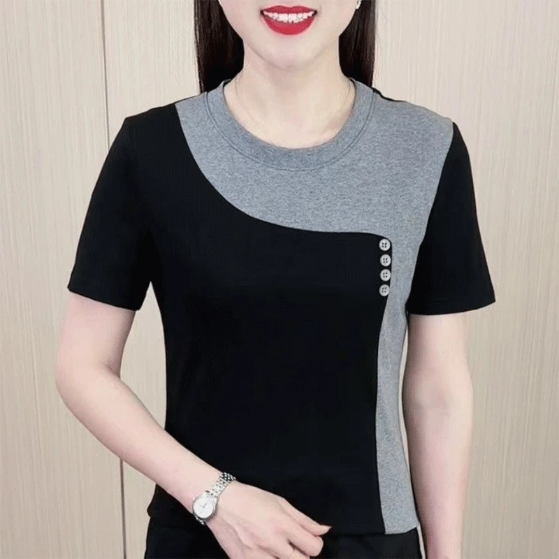 2024 New Summer Elegant Fashion Casual Office Lady T-shirts for Women Knitting Splicing Solid Button O Neck Short Sleeve Tops