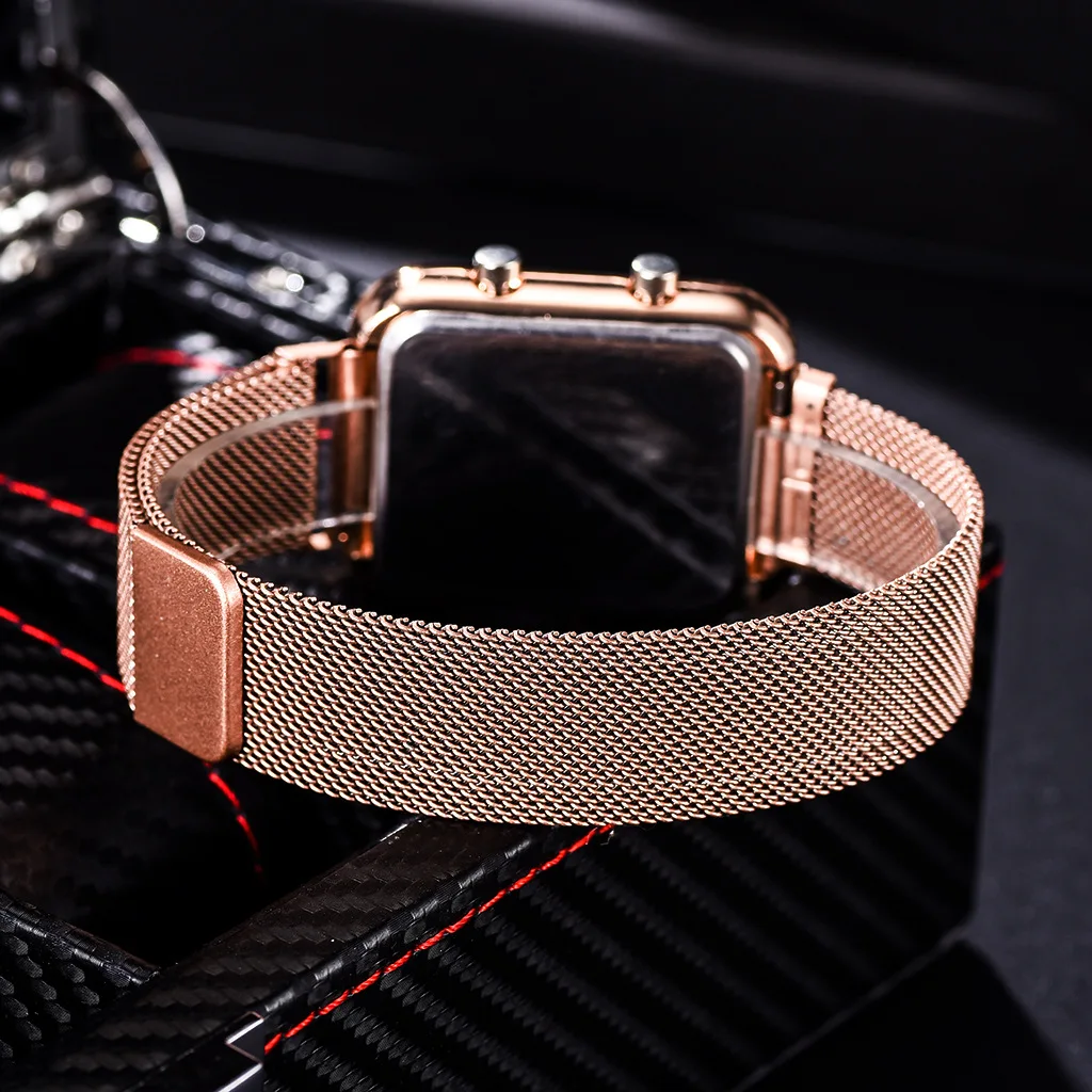 Fashion Women\'s Digital Watch Simple Square LED Electronic Wristwatch Metal Mesh Belt Luxury Rose Gold Female Clock reloj mujer