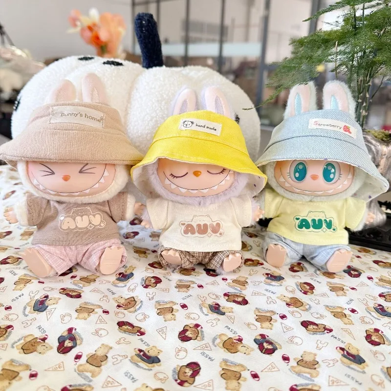 

17cm mini plush Labubu clothing accessories Kpop hat T-shirt pants suit fashion clothes leisure plaid two-piece spring new cute.