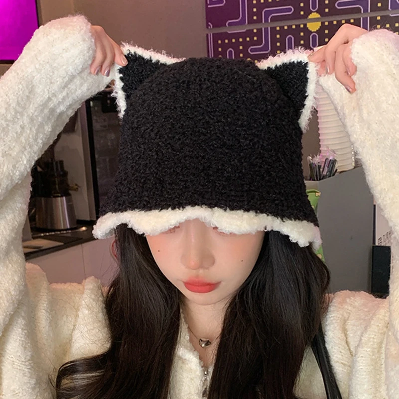 

Bucket Hat Cute Cat Ear Wool Autumn And Winter Warm Chic Knitted Hat For Women