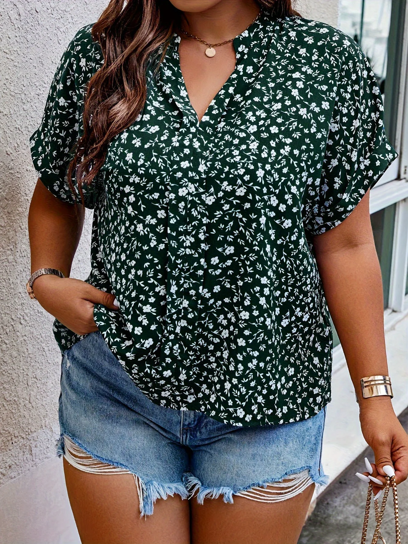Women's Plus-Size All-Over Print Casual Summer Top – Drop-Shoulder, Short-Sleeve, V-Neck