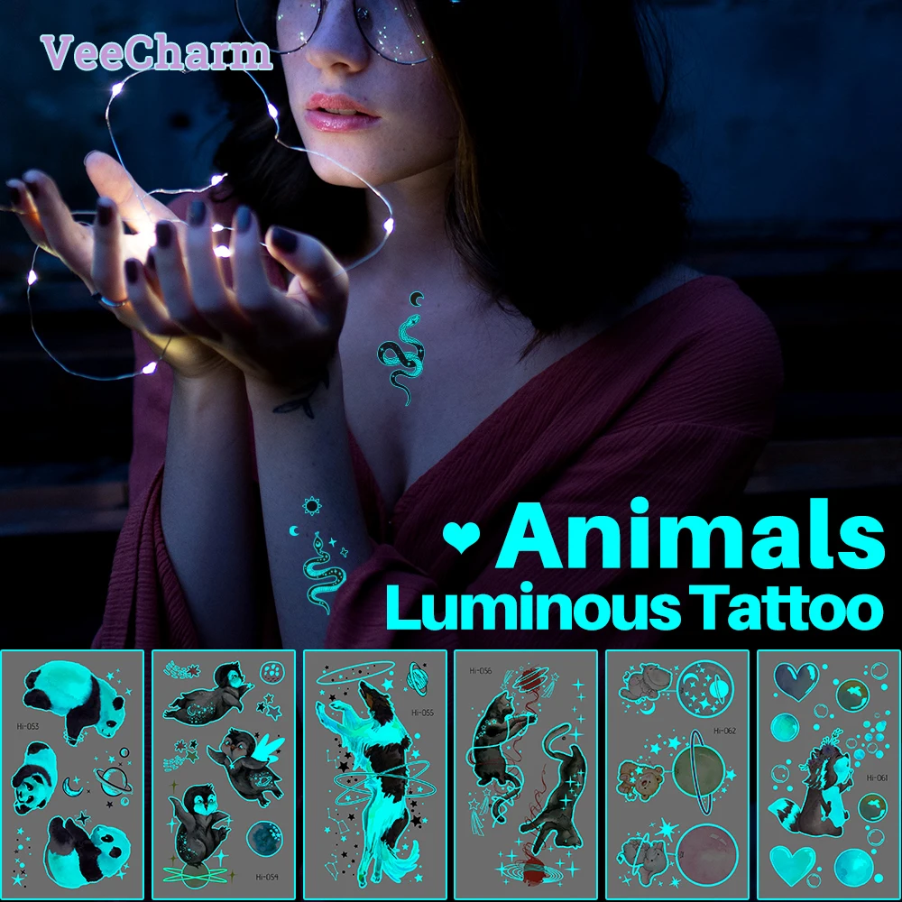 VeeCharm - Animal Glow Temporary Tattoos Stickers - Waterproof, Luminous, cute critters - Fake Tattoo, 1/6/7 Sheet