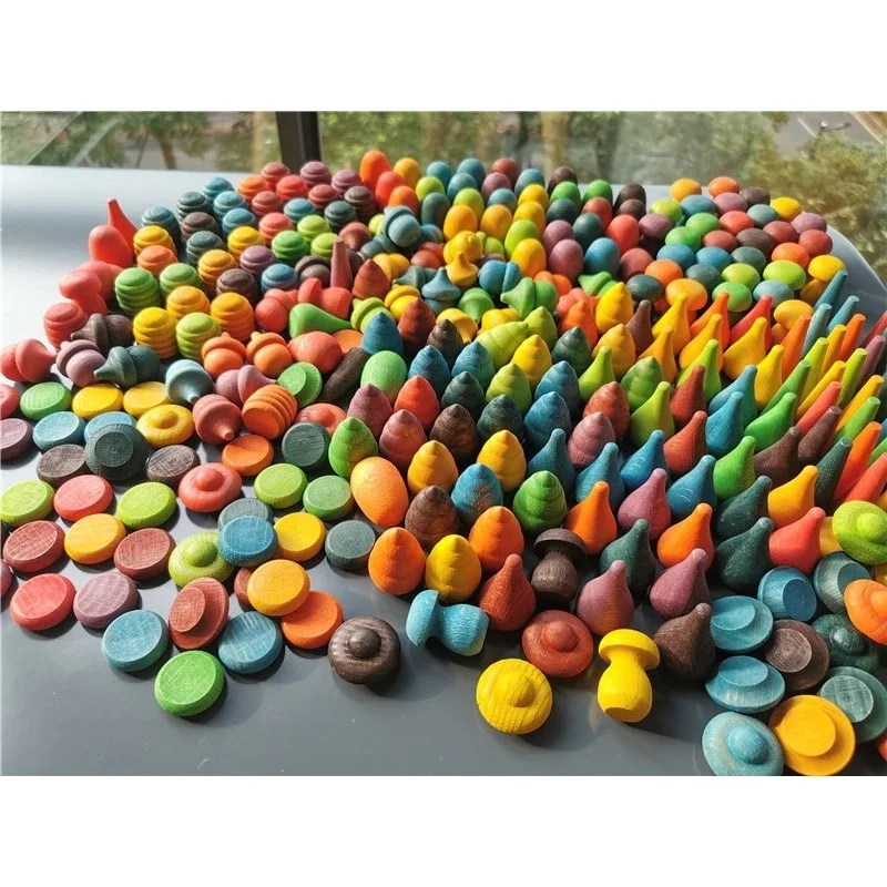 Kids Wooden Montessori Toys Rainbow Loose Parts Wood Mushrooms Honeycomb Droplets Bamboo Shoots Acorns Tree Cones
