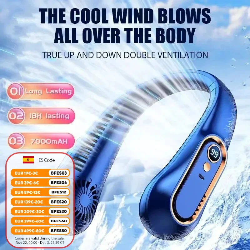 Neck Bladeless Fan Mini Ultra Long Life Portable Lazy Silent Fan Usb Charging Student Sports Office Digital Display Power 5 Gear