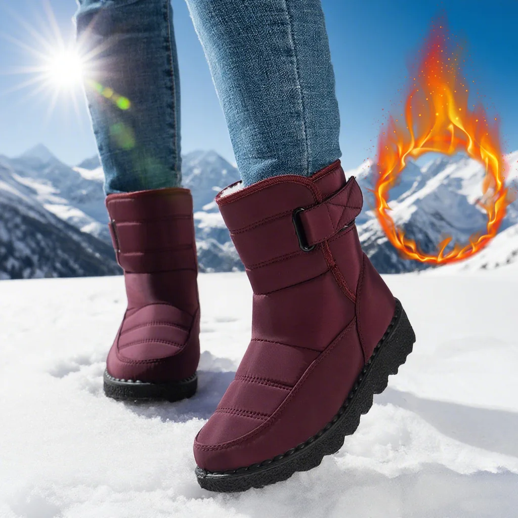Damen-Winterstiefel bis zur Wadenmitte, wasserdicht, mit Kunstfell gefüttert, mit Klettverschluss, rutschfest, dicke Sohle, warme Outdoor-Stiefel für kaltes Wetter. – Detail 22