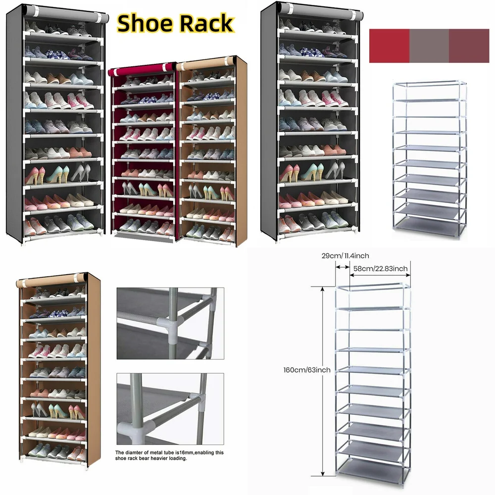 

Shoe Rack 10 Layers 9 Shelf Standing Cabinet Storage Organizer Dustproof for Home Entryway Space Saving Modern Design Floor