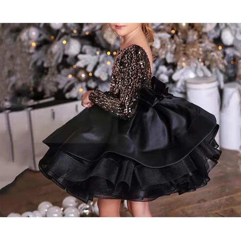 Winter Boutique Sequined Full Sleeve Black Kids Tulle Puffy Party Princess 2 to 16 Year Teenage Girls Dresses For Shows Dancing